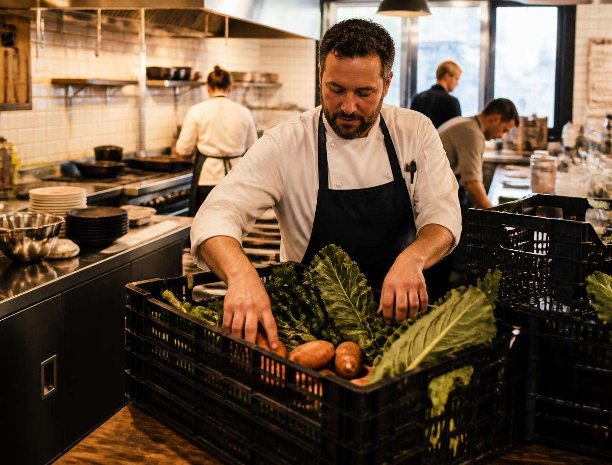 Chef packing surplus fresh produce into crates in a professional kitchen