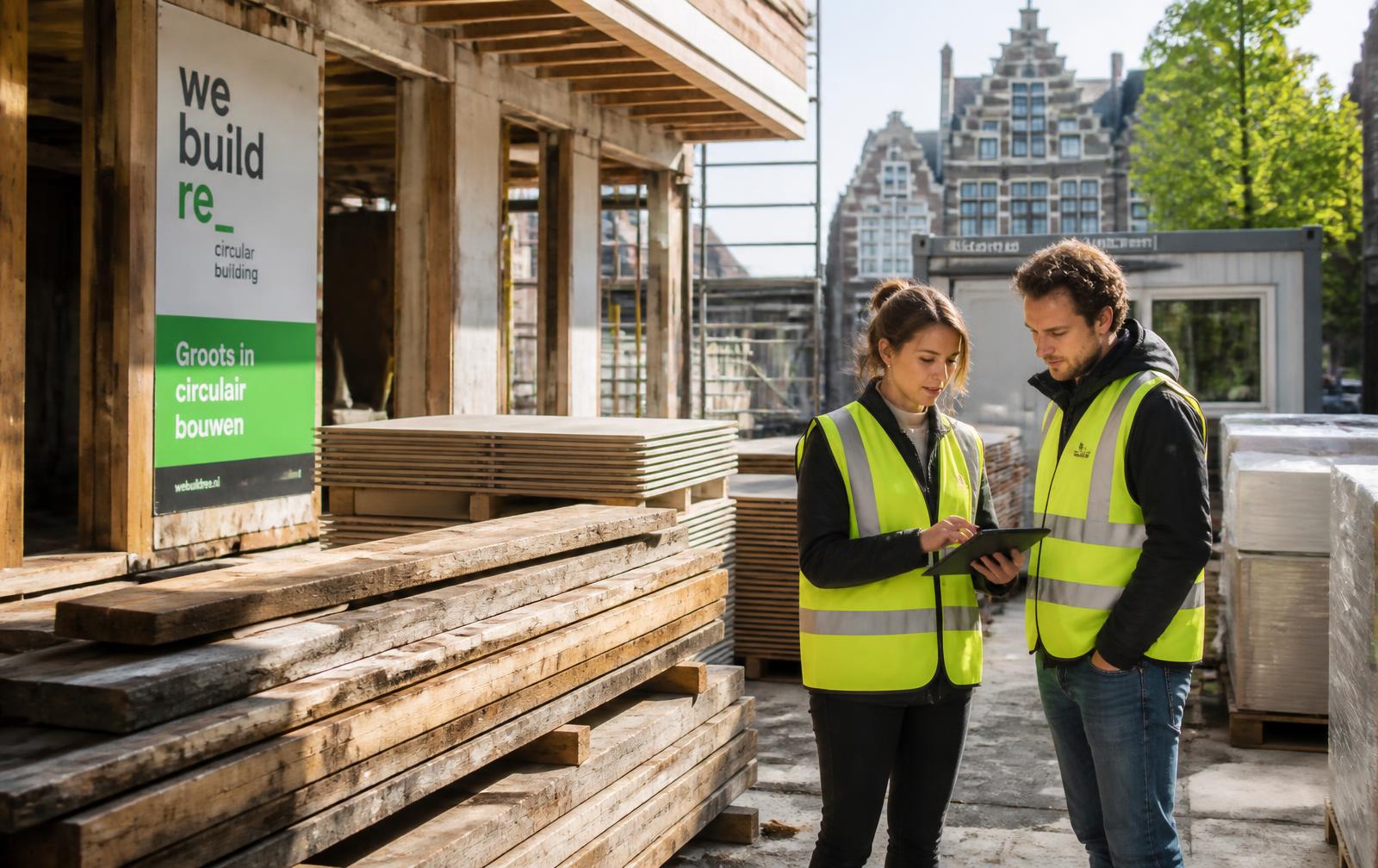 Circular construction site in the Netherlands with stacked reclaimed timber and drywall