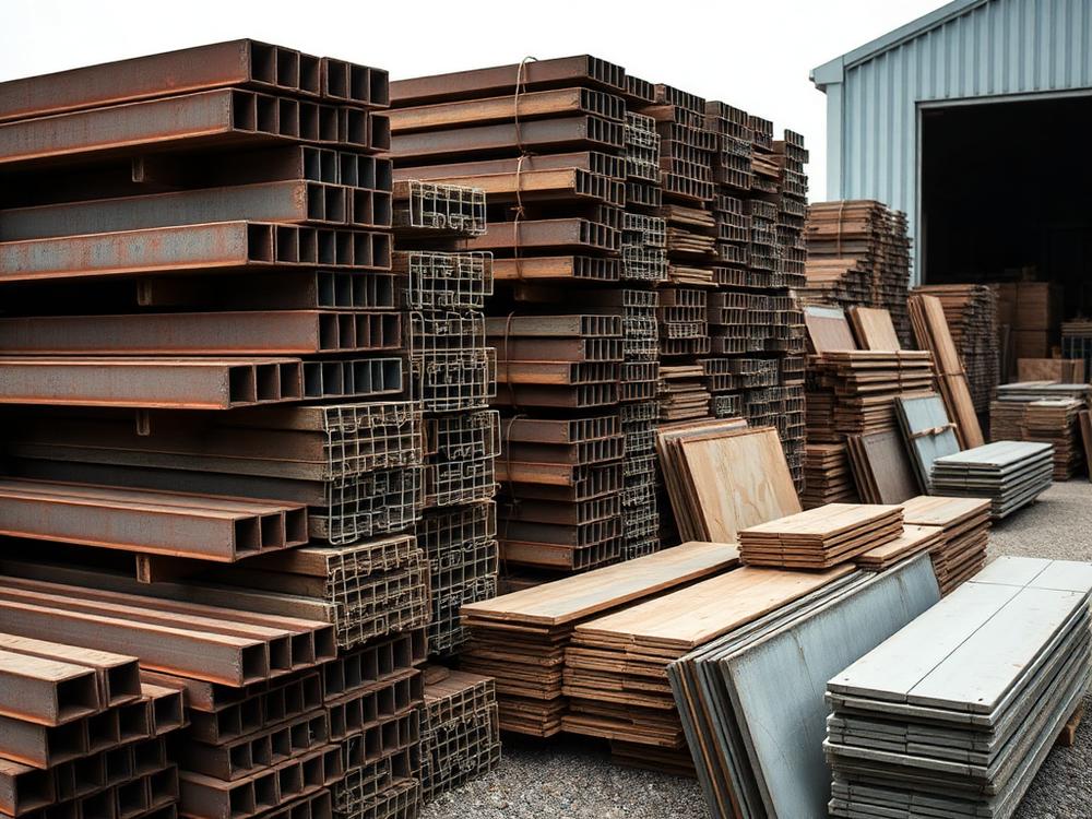 Sorted reclaimed steel beams, timber and boards at a materials yard